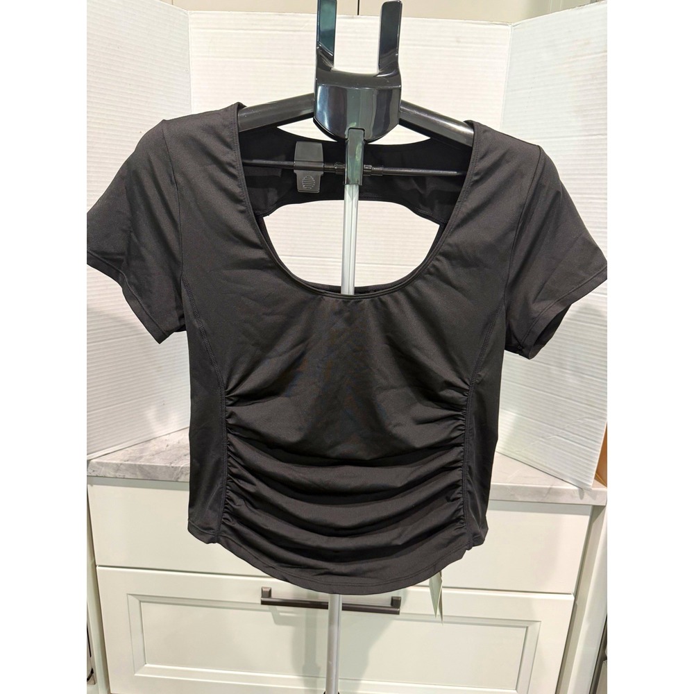 Halara Cropped Scoop Neck T-Shirt Slim Stretch Black Women's Size L Activewear